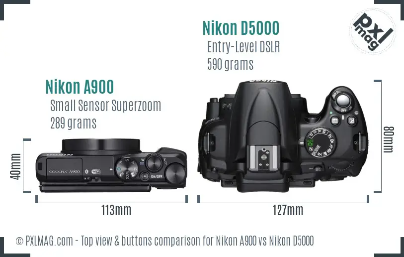 Nikon A900 vs Nikon D5000 top view buttons comparison