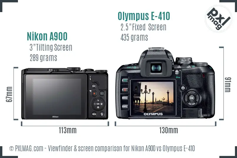 Nikon A900 vs Olympus E-410 Screen and Viewfinder comparison