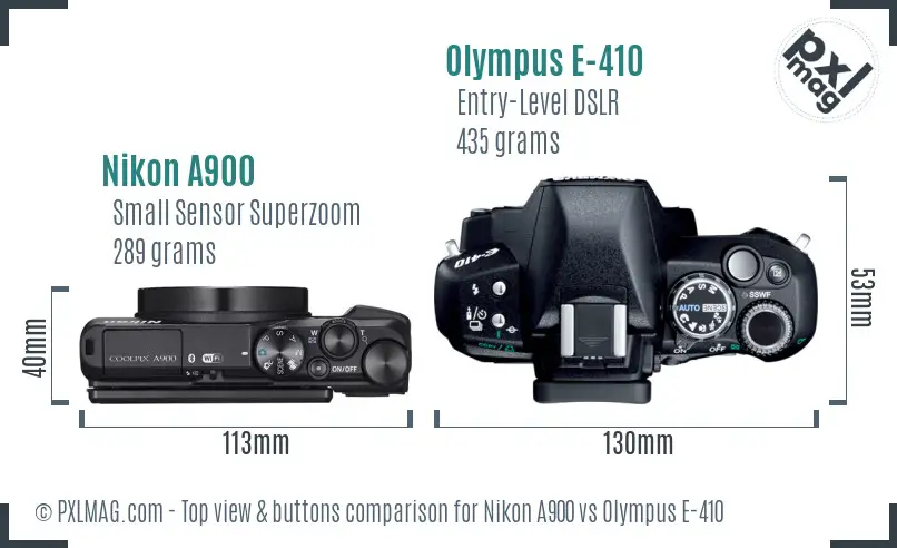 Nikon A900 vs Olympus E-410 top view buttons comparison