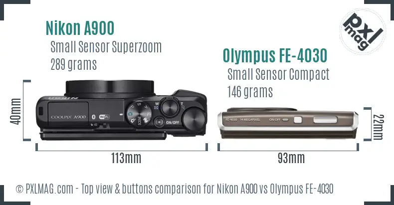 Nikon A900 vs Olympus FE-4030 top view buttons comparison Nikon A900 vs Olympus FE-4030 top view buttons comparison