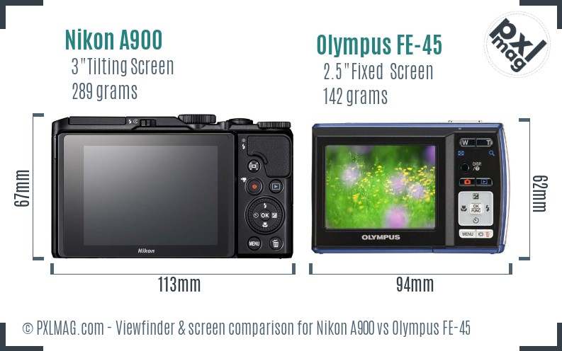 Nikon A900 vs Olympus FE-45 Screen and Viewfinder comparison