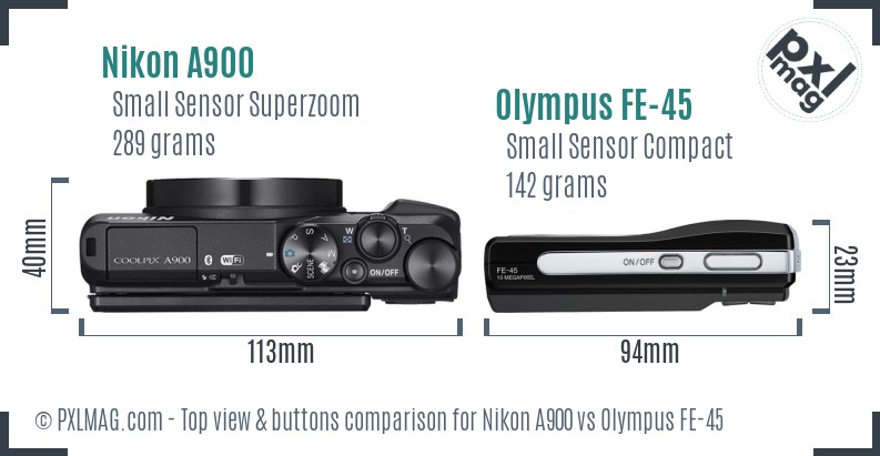 Nikon A900 vs Olympus FE-45 top view buttons comparison