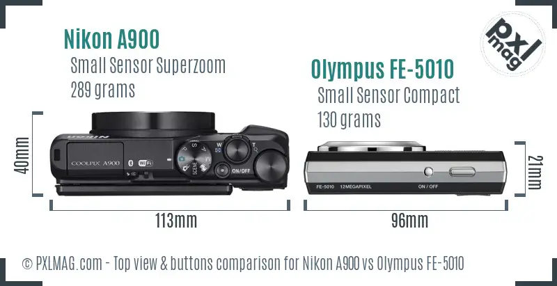 Nikon A900 vs Olympus FE-5010 top view buttons comparison