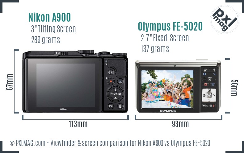 Nikon A900 vs Olympus FE-5020 Screen and Viewfinder comparison