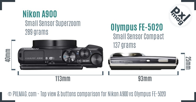 Nikon A900 vs Olympus FE-5020 top view buttons comparison