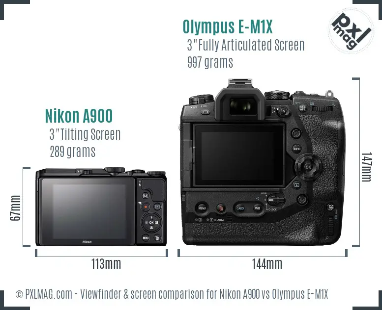 Nikon A900 vs Olympus E-M1X Screen and Viewfinder comparison