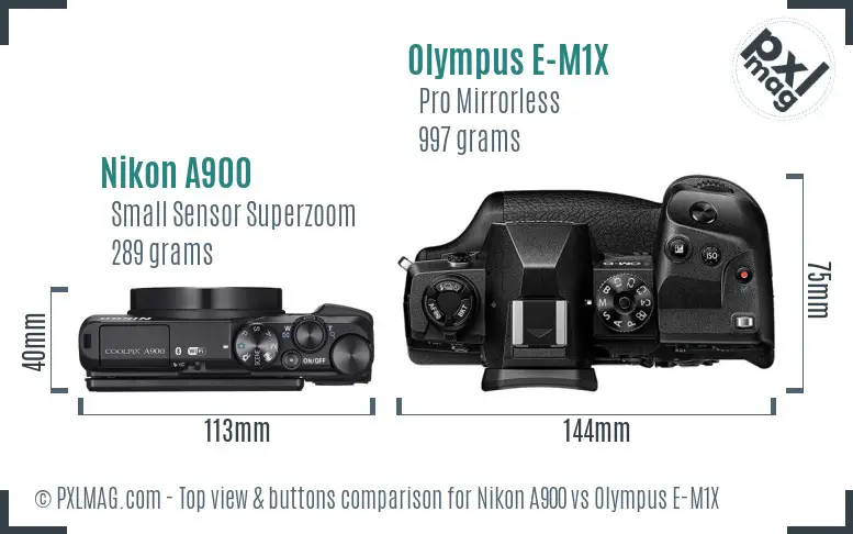 Nikon A900 vs Olympus E-M1X top view buttons comparison