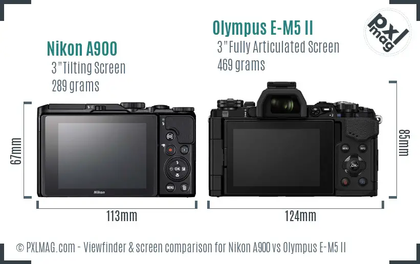 Nikon A900 vs Olympus E-M5 II Screen and Viewfinder comparison