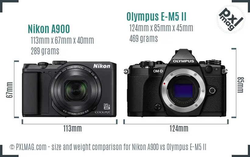 Nikon A900 vs Olympus E-M5 II size comparison