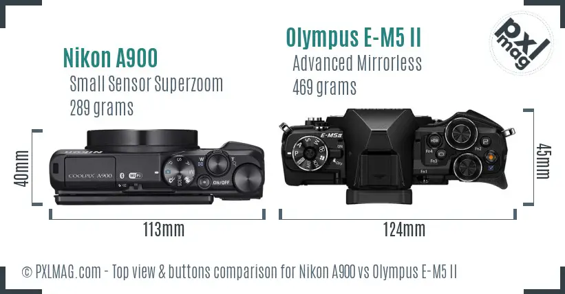 Nikon A900 vs Olympus E-M5 II top view buttons comparison
