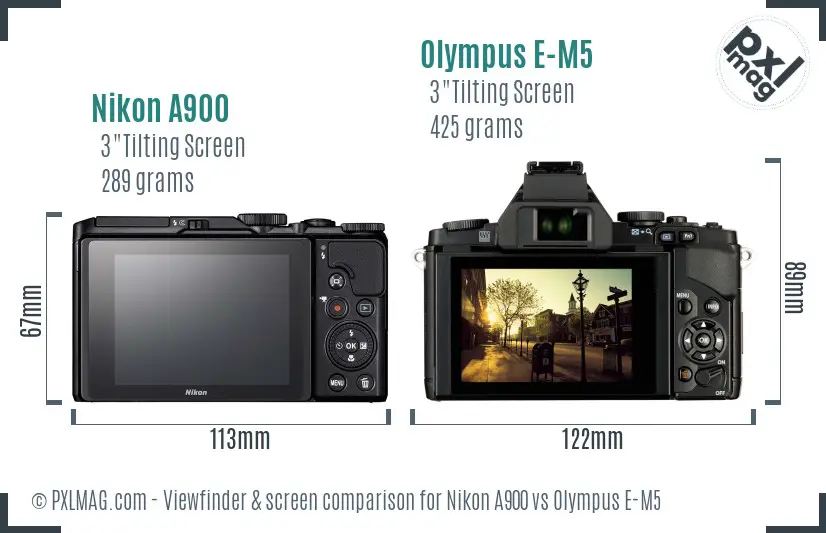 Nikon A900 vs Olympus E-M5 Screen and Viewfinder comparison