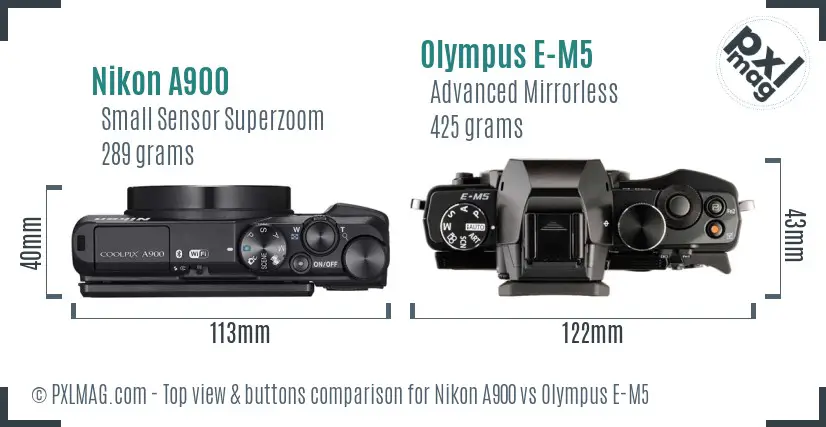 Nikon A900 vs Olympus E-M5 top view buttons comparison
