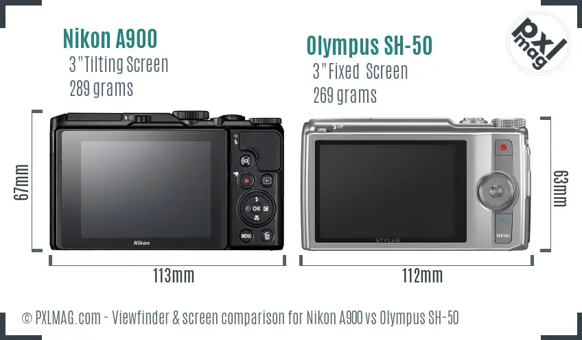Nikon A900 vs Olympus SH-50 Screen and Viewfinder comparison