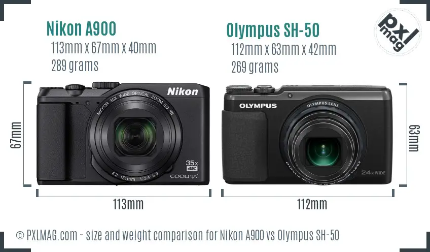 Nikon A900 vs Olympus SH-50 size comparison