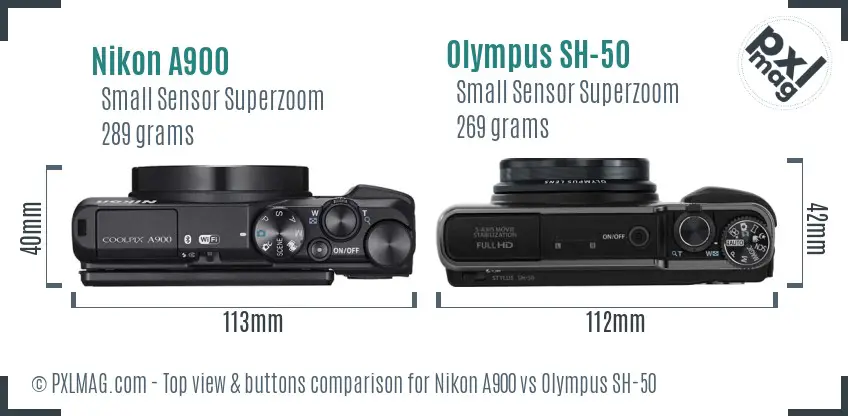 Nikon A900 vs Olympus SH-50 top view buttons comparison
