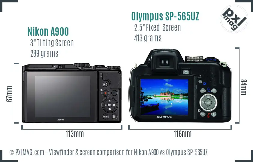 Nikon A900 vs Olympus SP-565UZ Screen and Viewfinder comparison