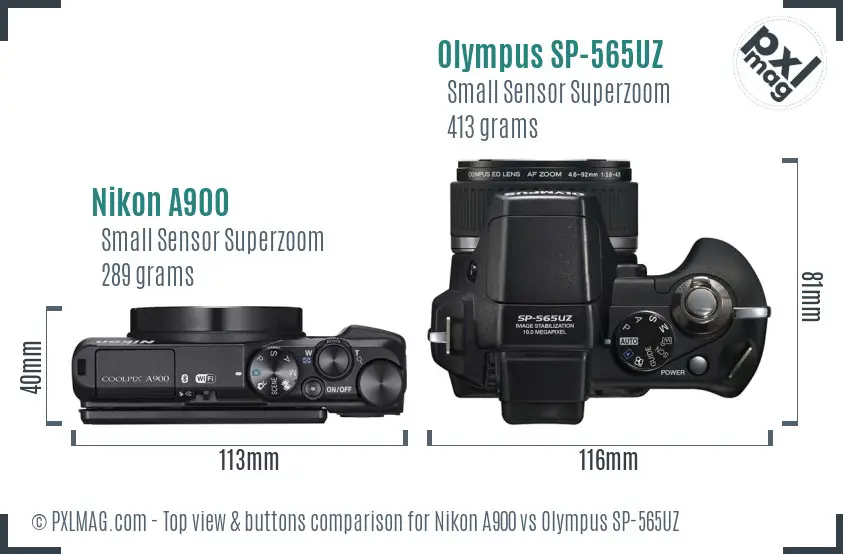 Nikon A900 vs Olympus SP-565UZ top view buttons comparison