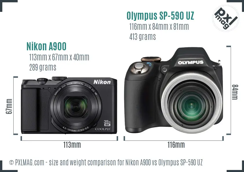 Nikon A900 vs Olympus SP-590 UZ size comparison