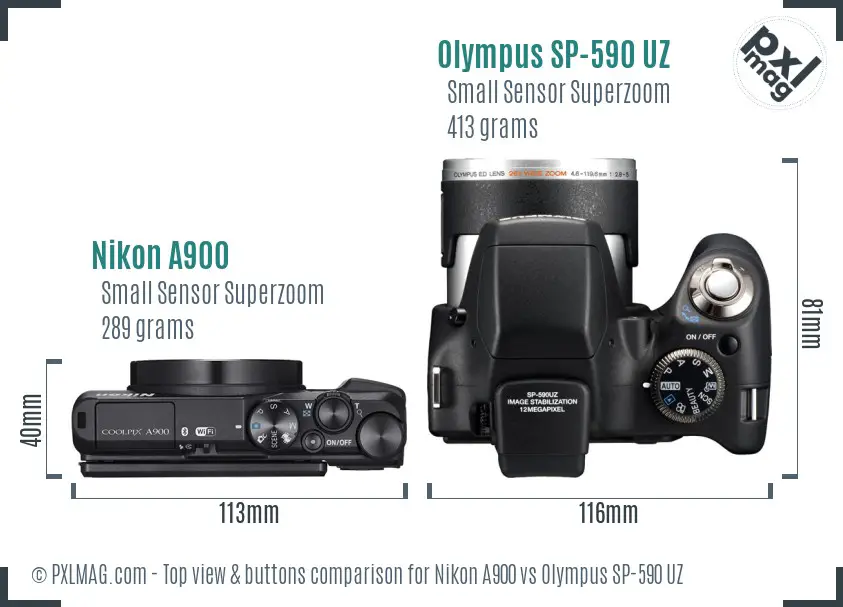 Nikon A900 vs Olympus SP-590 UZ top view buttons comparison