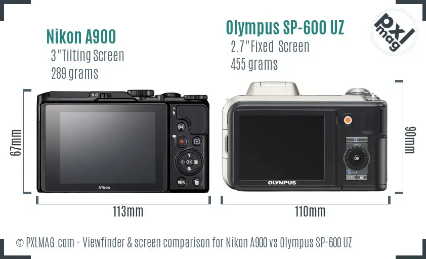 Nikon A900 vs Olympus SP-600 UZ Screen and Viewfinder comparison
