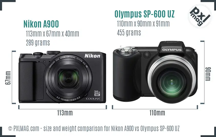 Nikon A900 vs Olympus SP-600 UZ size comparison