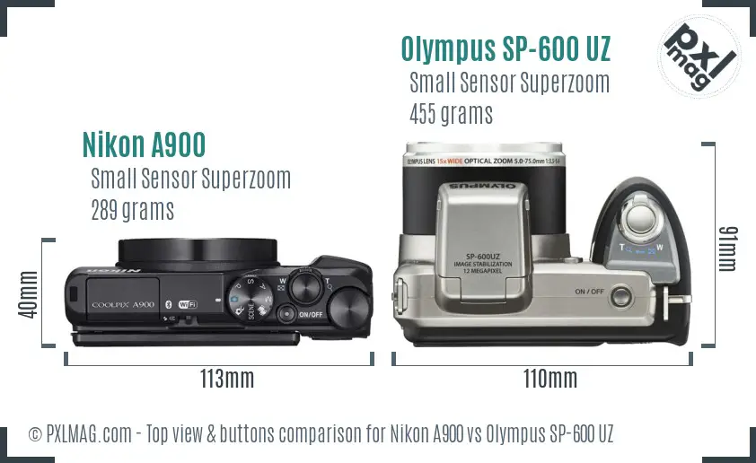 Nikon A900 vs Olympus SP-600 UZ top view buttons comparison