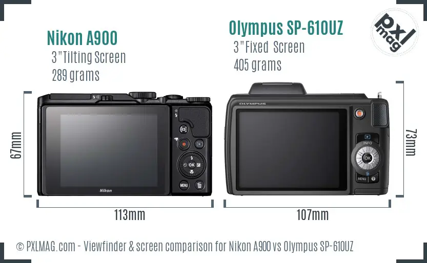 Nikon A900 vs Olympus SP-610UZ Screen and Viewfinder comparison
