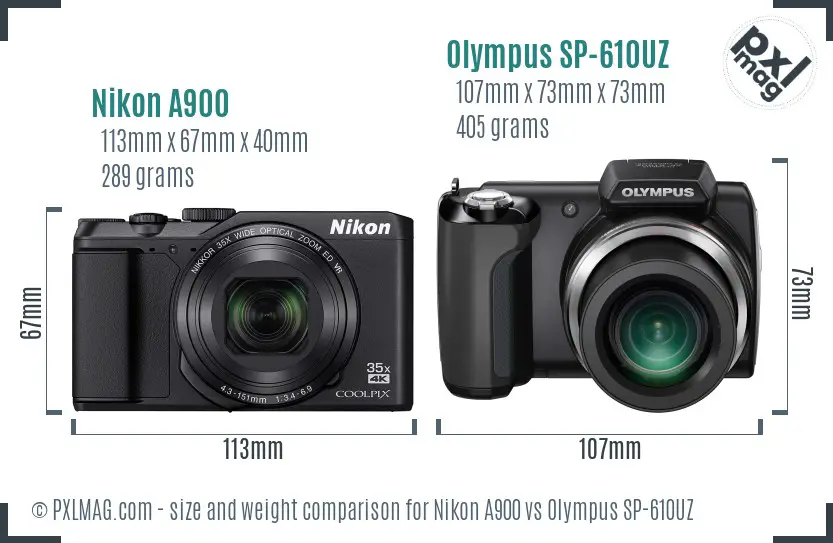 Nikon A900 vs Olympus SP-610UZ size comparison