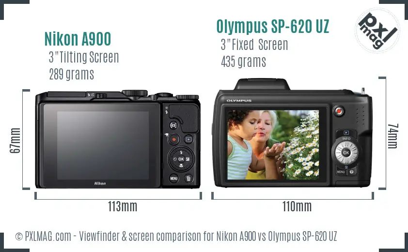 Nikon A900 vs Olympus SP-620 UZ Screen and Viewfinder comparison