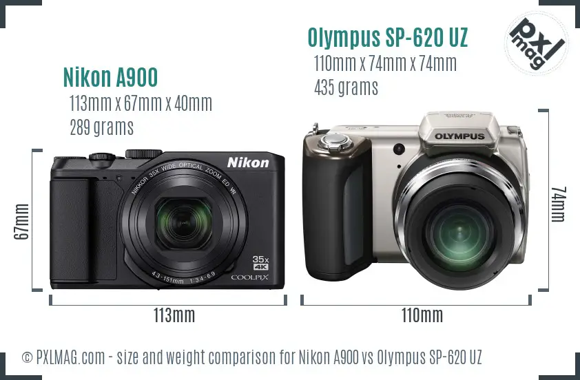 Nikon A900 vs Olympus SP-620 UZ size comparison