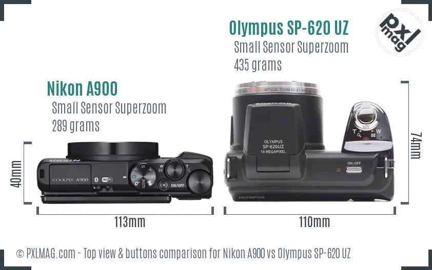 Nikon A900 vs Olympus SP-620 UZ top view buttons comparison