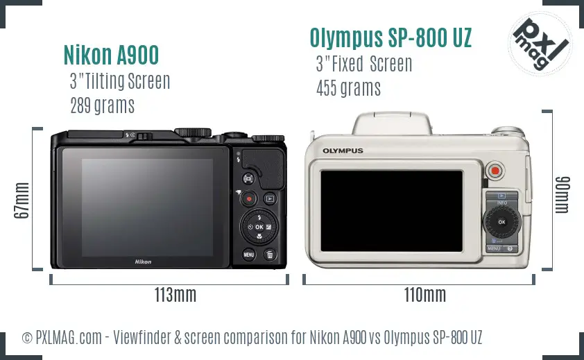 Nikon A900 vs Olympus SP-800 UZ Screen and Viewfinder comparison