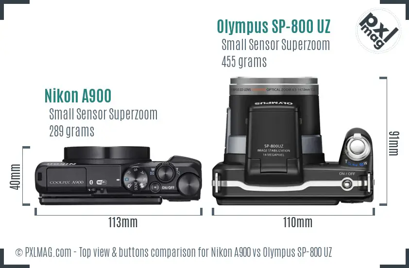 Nikon A900 vs Olympus SP-800 UZ top view buttons comparison