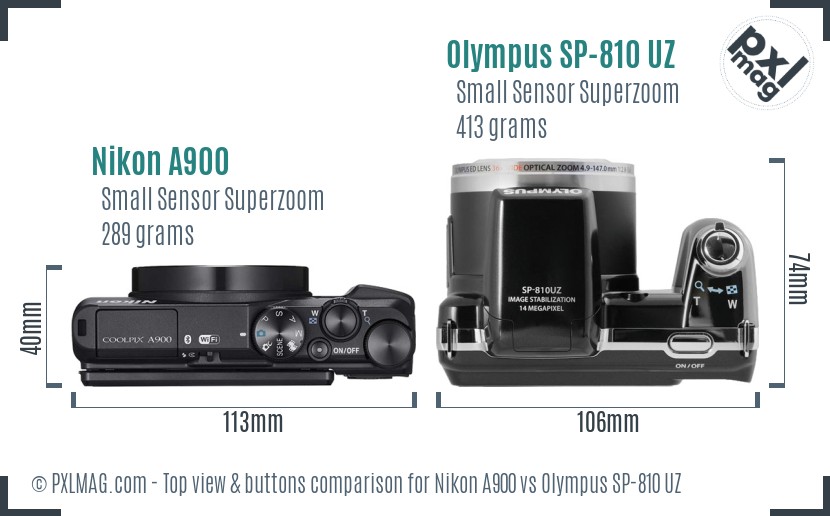 Nikon A900 vs Olympus SP-810 UZ top view buttons comparison