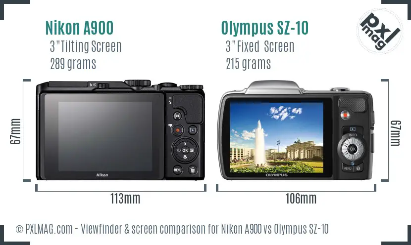 Nikon A900 vs Olympus SZ-10 Screen and Viewfinder comparison