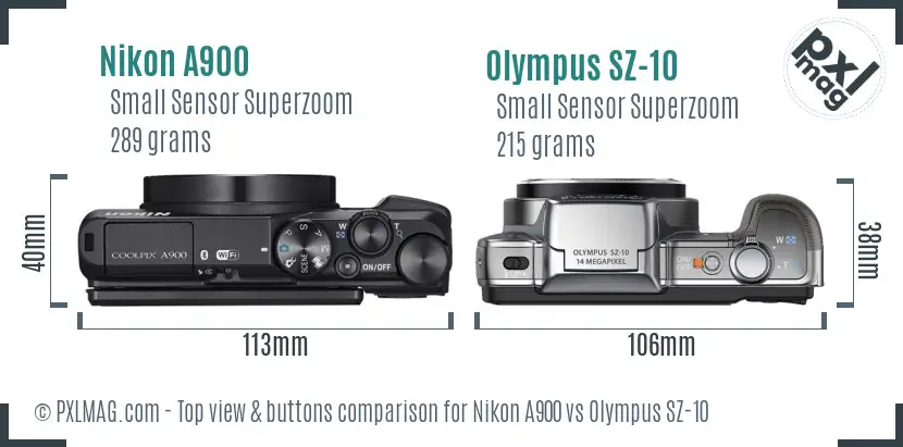 Nikon A900 vs Olympus SZ-10 top view buttons comparison