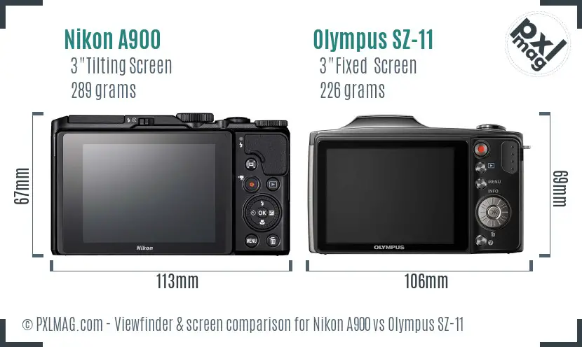 Nikon A900 vs Olympus SZ-11 Screen and Viewfinder comparison