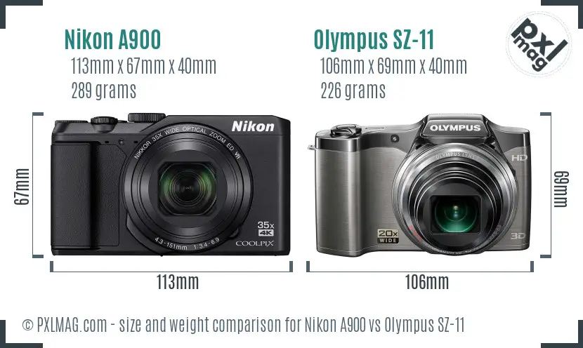 Nikon A900 vs Olympus SZ-11 size comparison