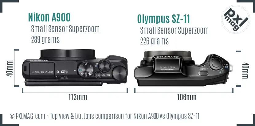 Nikon A900 vs Olympus SZ-11 top view buttons comparison