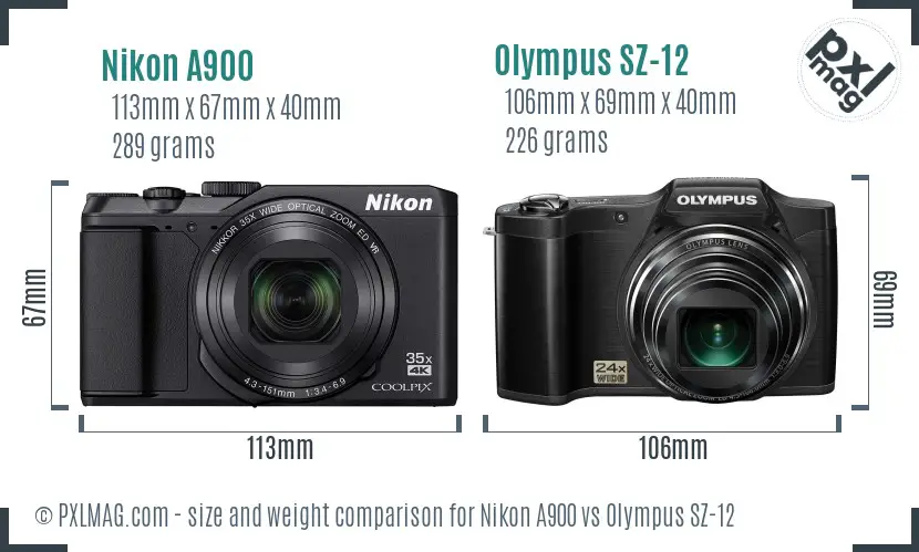 Nikon A900 vs Olympus SZ-12 size comparison