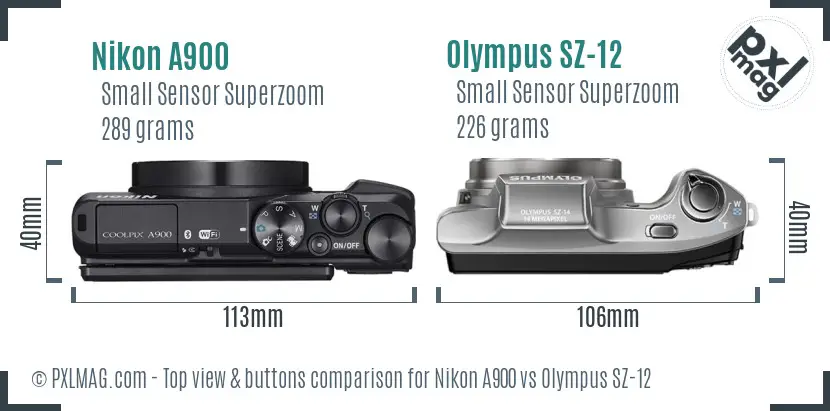 Nikon A900 vs Olympus SZ-12 top view buttons comparison