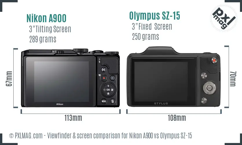 Nikon A900 vs Olympus SZ-15 Screen and Viewfinder comparison
