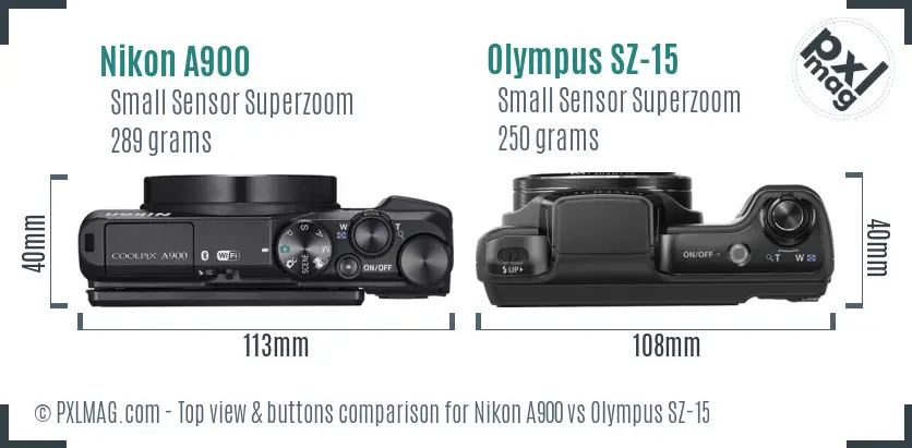Nikon A900 vs Olympus SZ-15 top view buttons comparison