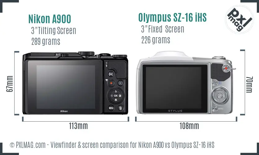 Nikon A900 vs Olympus SZ-16 iHS Screen and Viewfinder comparison