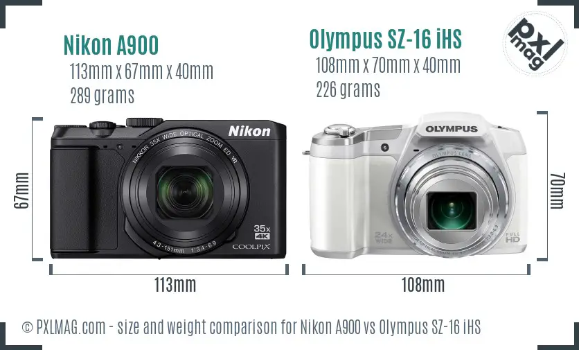 Nikon A900 vs Olympus SZ-16 iHS size comparison