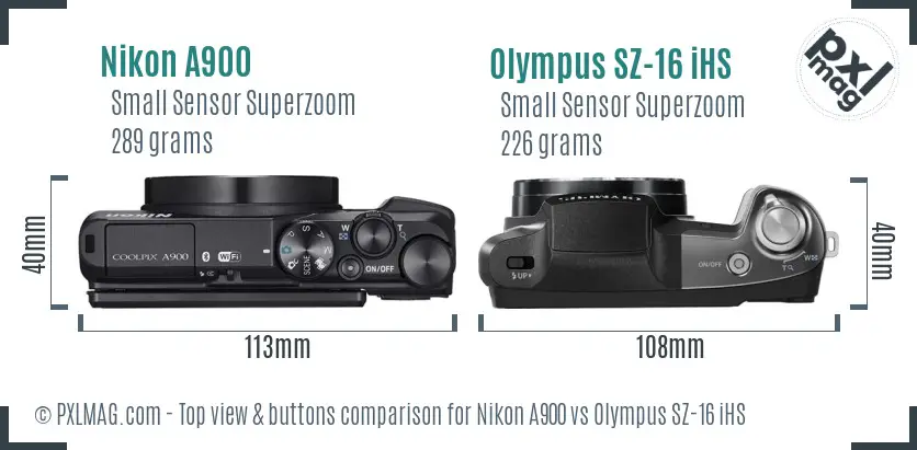 Nikon A900 vs Olympus SZ-16 iHS top view buttons comparison