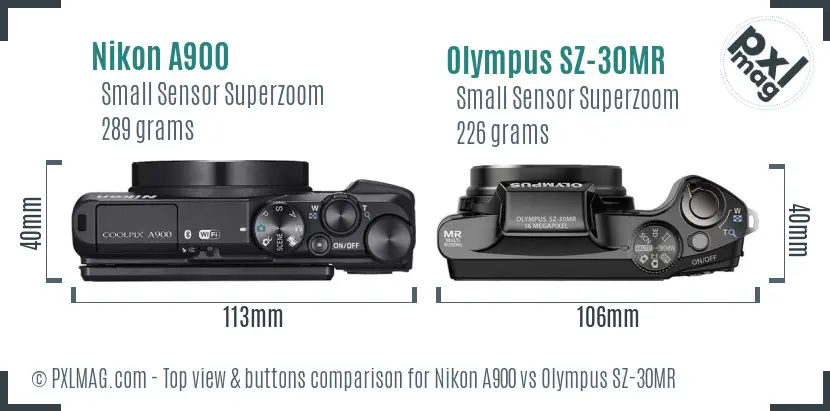 Nikon A900 vs Olympus SZ-30MR top view buttons comparison