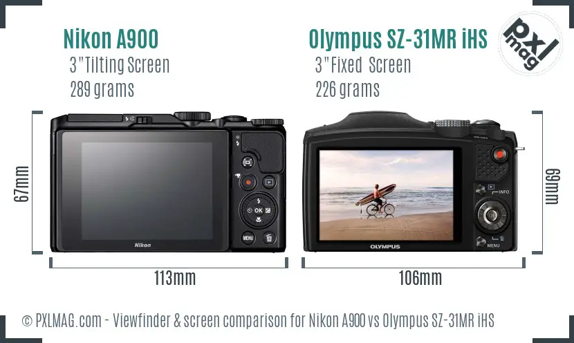 Nikon A900 vs Olympus SZ-31MR iHS Screen and Viewfinder comparison