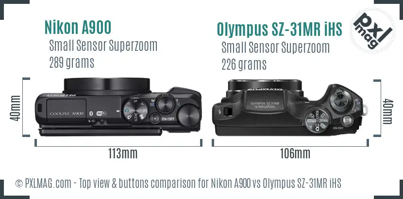 Nikon A900 vs Olympus SZ-31MR iHS top view buttons comparison