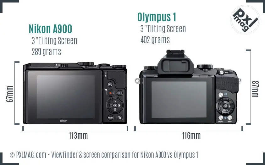 Nikon A900 vs Olympus 1 Screen and Viewfinder comparison